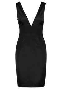 Robe en satin noir avec un décolleté en V profond, un corsage ajusté et une jupe crayon, à la texture lisse sans motifs ni accents visibles.