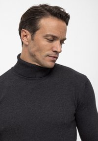 Grauer Rollkragenpullover mit geripptem Kragen und glatter Textur, im Slim-Fit-Design mit langen Ärmeln. Schlichtes, monochromatisches Design.