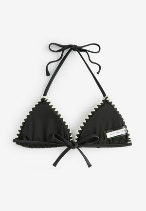 Top de bikini negru triunghiular cu margine decupată contrastantă, cu șnururi reglabile la gât și spate și etichetă cusută pe lateral.