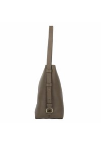 Borsa a spalla in pelle color taupe, con una finitura testurizzata, fascia regolabile e un accento in metallo dorato sulla fascia.