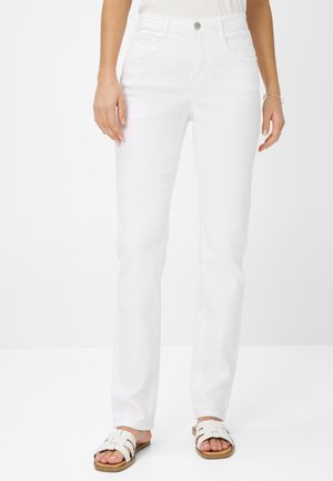 Weiße Jeans aus Denim mit geradem Bein, fünf Taschen im Stil und einem Frontknopfverschluss. Glatte Textur und minimalistische Nähdetails.
