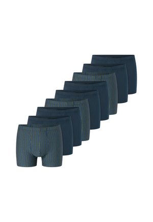 Bokserki w ciemnym granatowym kolorze z poziomym, wielokolorowym paskowym wzorem. Materiał z mieszanki bawełny, elastyczna talia. Opakowanie zawiera dziesięć sztuk.
