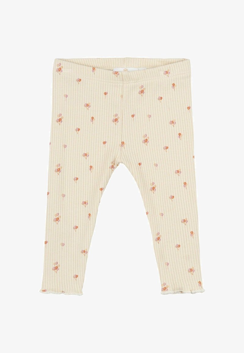 Ribbed beige leggings with small floral print in peach and pink, featuring a stretchy waistband and frill trim at the ankles.