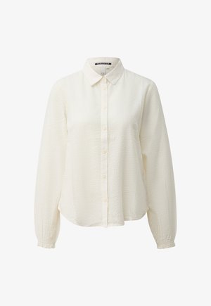 Weiße, strukturierte Bluse mit langen Ärmeln, Knopfleiste, klassischem Kragen und elastischen Bündchen.