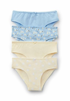 Cuatro pares de braguitas de algodón para mujer en azul y crema, dos lisas, una con estampado floral con abejas, una con dibujos de corazones blancos, todas con pequeños lazos delanteros.