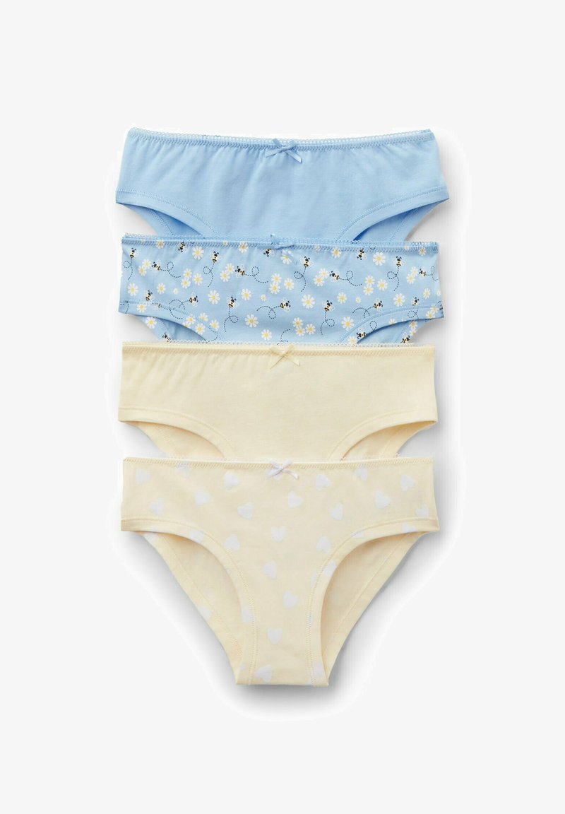 Quatre paires de culottes en coton pour femmes en bleu et crème, deux unies, une fleurie avec des abeilles, une avec des motifs de cœurs blancs, toutes avec de petits nœuds devant.