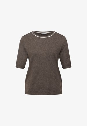 Brun kortærmet sweater med rund hals og kontrasterende lyse tråd detaljer langs kraven. Blødt, tekstureret stof.