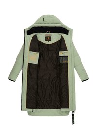 Light green puffer jacket with a black lining, featuring multiple pockets, a hood, and contrasting orange accents. Quilted design throughout.