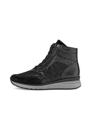 Schwarze High-Top-Sneaker aus strukturiertem Leder und Wildleder. Mit Schnür- und Reißverschluss, grauer Gummisohle und subtilen Akzenten.