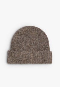 Gorro de lana marrón con parte superior redondeada y puño acanalado. Textura suave con sutiles variaciones de color, diseñado para brindar calor y comodidad.