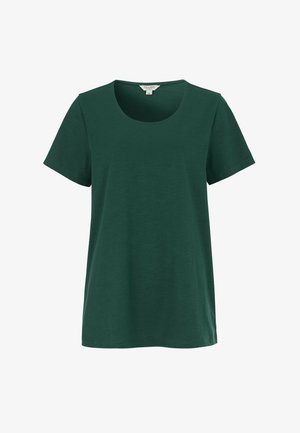 T-shirt vert foncé à manches courtes avec encolure ronde, design simple et étiquette à l'intérieur du col.