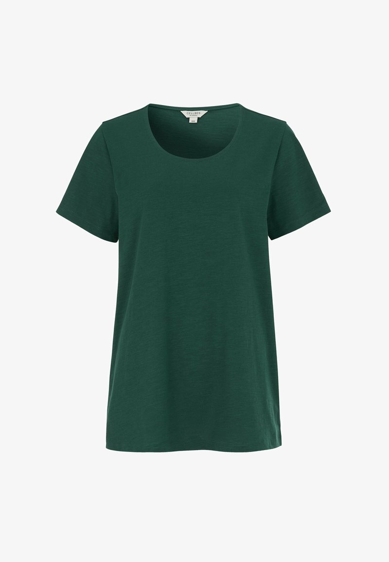 Dunkelgrünes T-Shirt mit kurzen Ärmeln und rundem Ausschnitt, schlichtes Design und Etikett im Krageninneren.