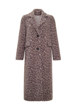 Manteau en imprimé léopard en tissu doux, avec un design double boutonnage, des revers crantés, deux poches avant et des boutons foncés.