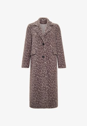 Leopardenmuster Mantel aus weichem Stoff mit doppelter Knopfleiste, Reverskragen, zwei vorderen Taschen und dunklen Knöpfen.