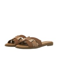 Infradito marroni con doppi strap: finiture opache e metalliche, design open-toe, suola piatta e soletta testurizzata per il comfort.