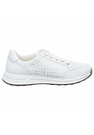 Weiße Sneakers aus glattem, synthetischem Material, mit aufgedruckten Städtenamen in verschiedenen Farbtönen, Schnürdesign und strukturiertem Sohlenprofil.
