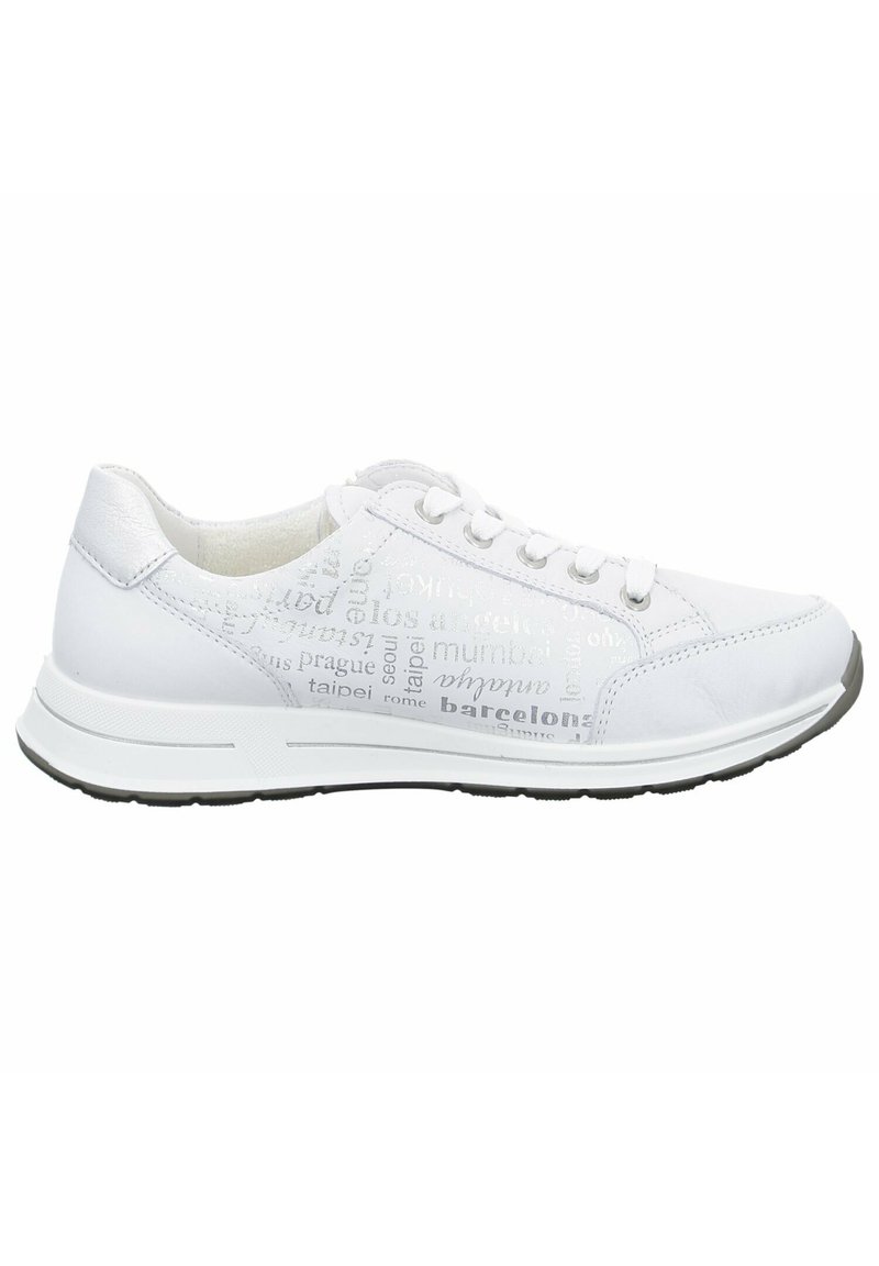 White sneakers made of smooth synthetic material, featuring printed city names in various shades, lace-up design, and a textured sole.