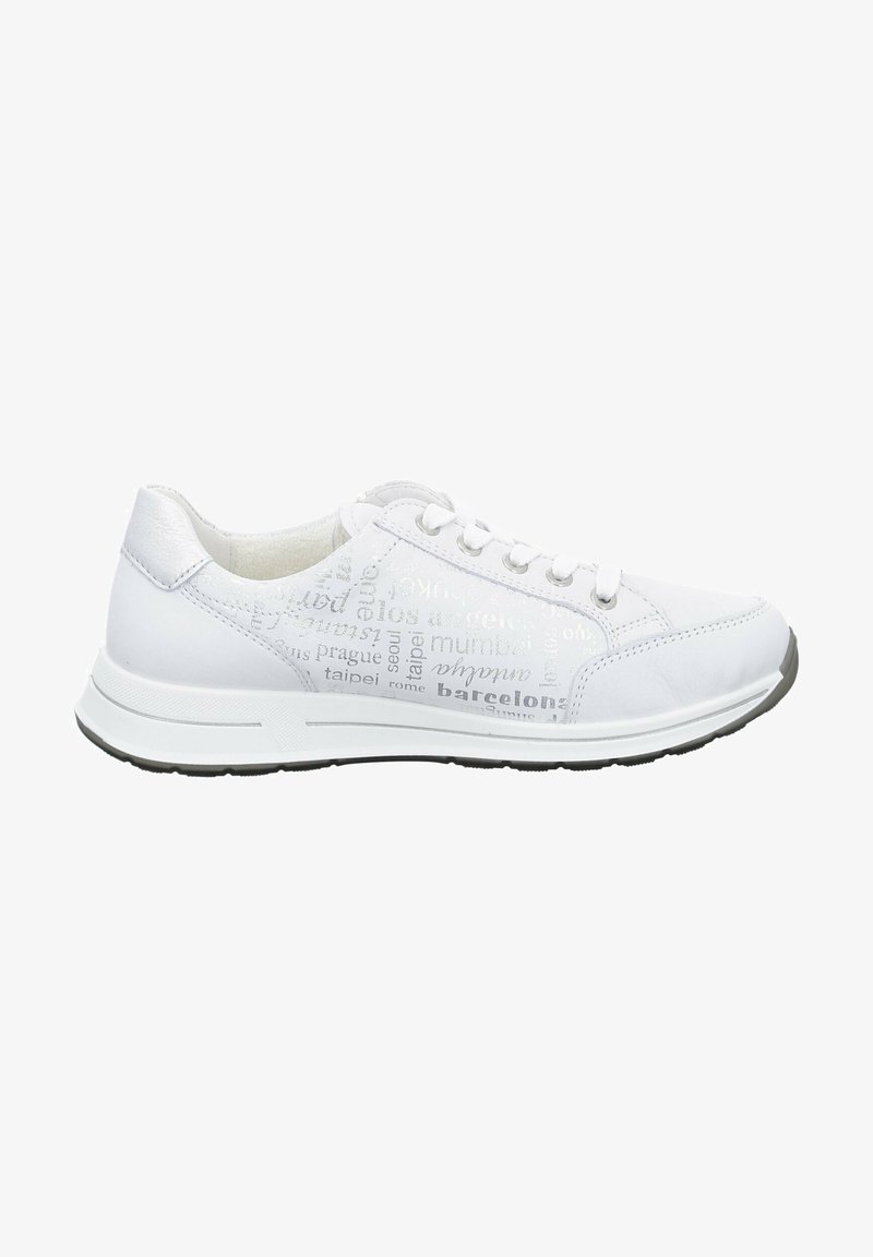 White sneakers made of smooth synthetic material, featuring printed city names in various shades, lace-up design, and a textured sole.