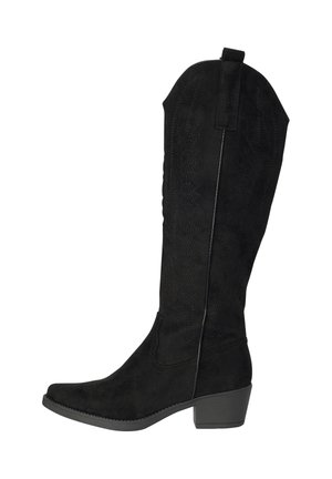 Stivale western nero in camoscio, alto fino al ginocchio, con tacco basso a blocco, punta a mandorla, linguetta per tirare e cuciture decorative sul gambale.