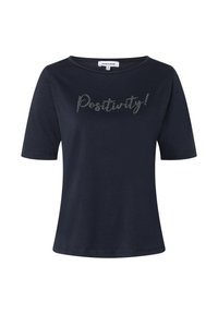 Marineblaue Baumwoll-T-Shirt mit kurzen Ärmeln, rundem Ausschnitt und "Positivity!" in silbernen Strasssteinen auf der Vorderseite. Weicher Stoff, lässige Passform.