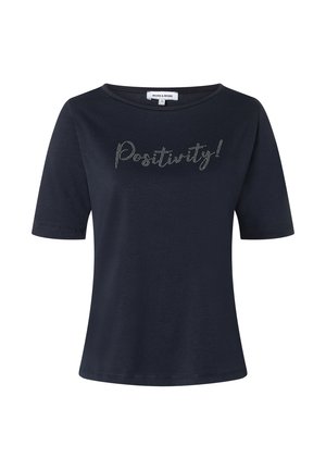 Marineblaue Baumwoll-T-Shirt mit kurzen Ärmeln, rundem Ausschnitt und "Positivity!" in silbernen Strasssteinen auf der Vorderseite. Weicher Stoff, lässige Passform.