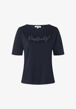 Marineblaue Baumwoll-T-Shirt mit kurzen Ärmeln, rundem Ausschnitt und "Positivity!" in silbernen Strasssteinen auf der Vorderseite. Weicher Stoff, lässige Passform.