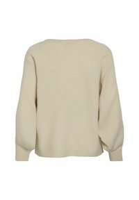 Pull en maille côtelée beige avec manches ballon longues et large encolure ronde, présenté de dos.