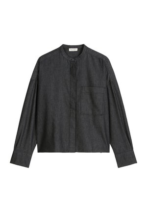 Dunkelgraues Langarmhemd mit Stehkragen, Knopfverschluss und Brusttasche. Hergestellt aus weich strukturiertem Stoff mit einer lässigen Passform.