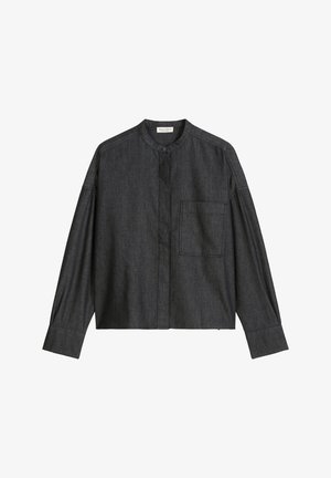 Dunkelgraues Langarmhemd mit Stehkragen, Knopfverschluss und Brusttasche. Hergestellt aus weich strukturiertem Stoff mit einer lässigen Passform.