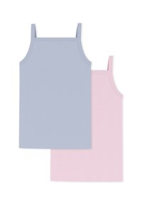 Δύο αμάνικα τοπ: ένα ανοιχτό γαλάζιο και ένα ανοιχτό ροζ. Κατασκευασμένα από απαλό ύφασμα, με στενούς ιμάντες και κυματιστή διακόσμηση κατά μήκος του ντεκολτέ.