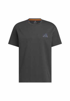 Dark gray cotton t-shirt with short sleeves, round neckline, and a small textured logo on the left chest area.