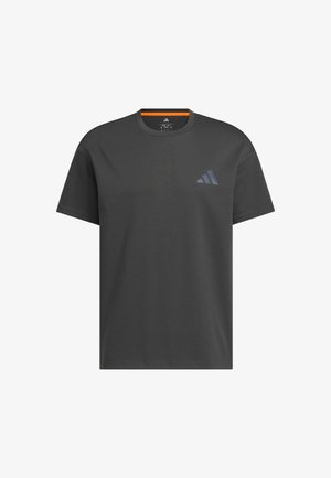 Dark gray cotton t-shirt with short sleeves, round neckline, and a small textured logo on the left chest area.