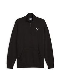 Sort pullover sweatshirt lavet af blødt stof, der har en lynlåset høj krave, en front kangaroo-lomme og et hvidt logo på brystet.