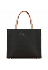 Borsa a tracolla nera in pelle con superficie testurizzata, dotata di due manici superiori in beige chiaro e rosso, e un logo "bugatti" argentato sulla parte anteriore.