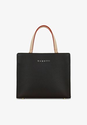 Borsa a tracolla nera in pelle con superficie testurizzata, dotata di due manici superiori in beige chiaro e rosso, e un logo "bugatti" argentato sulla parte anteriore.