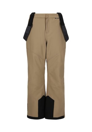 Pantalons imperméables beiges avec accents noirs en bas, sangles ajustables et texture lisse, conçus pour les activités de plein air.