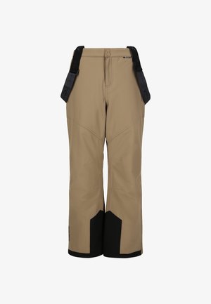 Beige vattentäta byxor med svarta nedre detaljer, justerbara remmar och en slät textur, designade för utomhusaktiviteter.