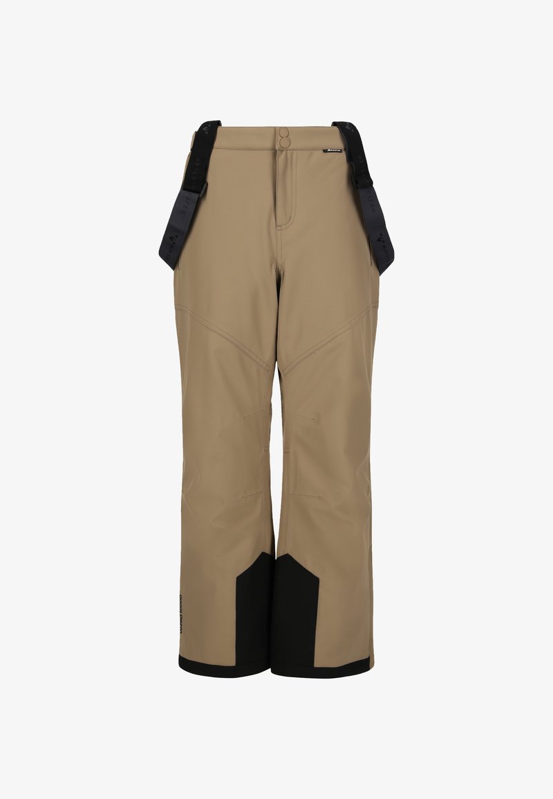 Beige vattentäta byxor med svarta nedre detaljer, justerbara remmar och en slät textur, designade för utomhusaktiviteter.