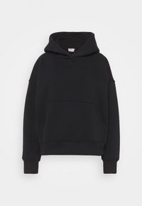 Czarna bawełniana bluza z kapturem, z długimi rękawami, kapturem ze sznurkiem, przednią kieszenią, ściągaczami na mankietach i dole. Gładka tekstura o luźnym, oversize'owym kroju.