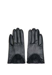 Crne kožne rukavice s elegantnim dizajnom, petoprstnom strukturom, glatkom teksturom i manšetom na otvaranju, s diskretnim detaljima šavova.