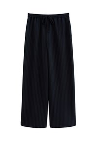 Zwarte wijde broek met verticale streepjes, elastische tailleband en verstelbaar trekkoord. Lichtgewicht stof met een gladde textuur.