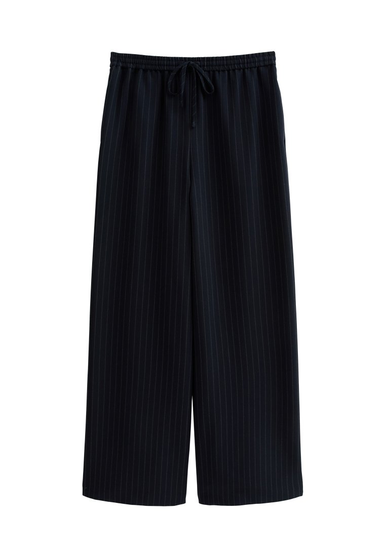 Pantalons larges noirs avec des rayures verticales, taille élastique et cordon de serrage ajustable. Tissu léger avec une texture lisse.