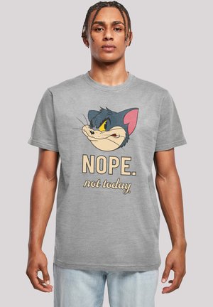 Gray cotton t-shirt featuring a cartoon cat graphic with the text "NOPE. not today" in yellow and light brown. Simple, crew neck design.