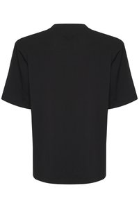 T-shirt nera a maniche corte realizzata in tessuto morbido. Presenta un collo rotondo e un design minimalista con un piccolo logo sul retro.