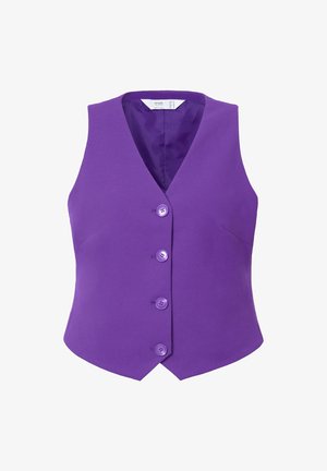 Gilet sans manches violet en tissu lisse. Présente un décolleté en V, cinq boutons assortis et des poches latérales. Coupe ajustée avec un ourlet arrondi.