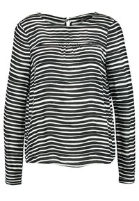 Černobíle pruhovaná blůza s dlouhým rukávem, kulatým výstřihem a zapínáním na zip na zádech. Lehký materiál s nařaseným předním detailem.