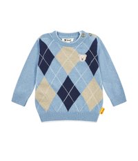 Helle blaue Strickjacke mit Rautenmuster in Marineblau und Beige. Verfügt über einen Bären-Applikation auf der Brust und zwei Knöpfe an den Schultern. Weicher Strickstoff.