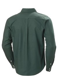 Groene katoenen shirt met lange mouwen, knoopmanchetten en een rugpaneel. Gladde textuur met een ronde zoom en zichtbare stiksels.