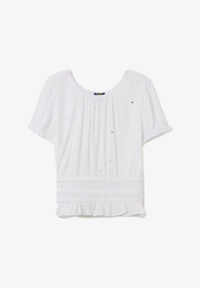 Blusa blanca de manga corta hecha de un tejido texturizado, con una cintura fruncida y pequeños acentos brillantes en toda la prenda. Detalle de dobladillo con volantes.