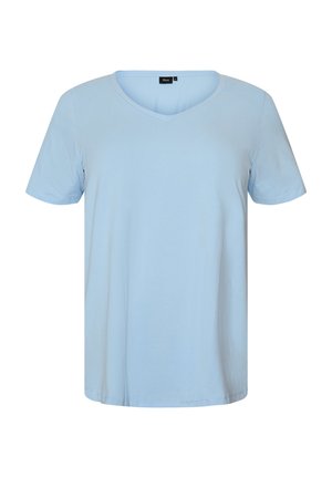 Lyseblå T-shirt med korte ærmer og V-hals med et enkelt design, vist på en hvid baggrund.
